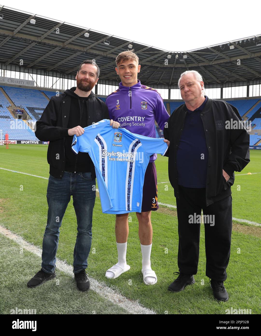 Coventry City's Callum Doyle with sponsors at Coventry Building Society Arena, Coventry. Picture date: Monday April 3, 2023. Stock Photo