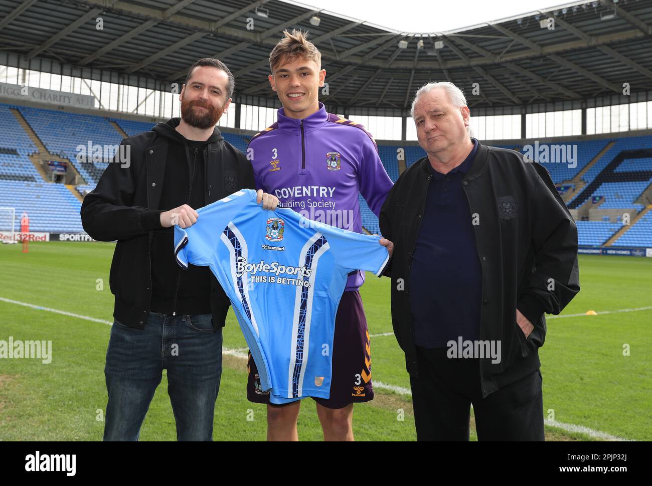 Coventry City's Callum Doyle with sponsors at Coventry Building Society Arena, Coventry. Picture date: Monday April 3, 2023. Stock Photo