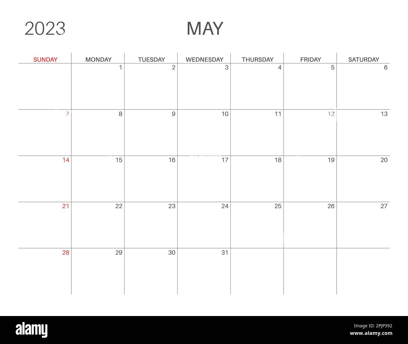 Horizontal monthly calendar. May calendar template. Sunday start ...