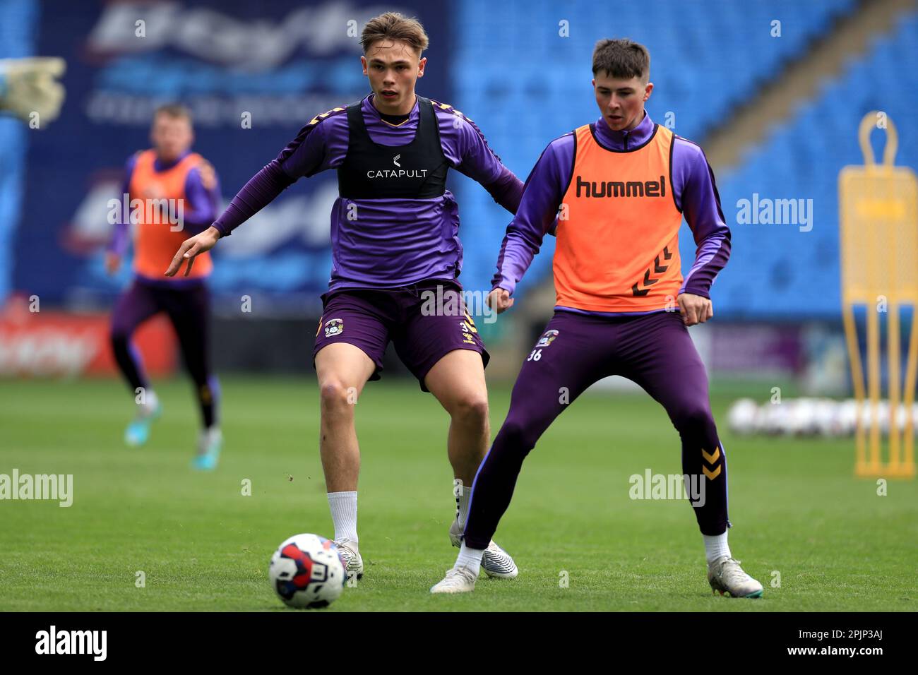 Coventry City's Callum Doyle (left) battles with Ryan Howley during training at Coventry Building Society Arena, Coventry. Picture date: Monday April 3, 2023. Stock Photo