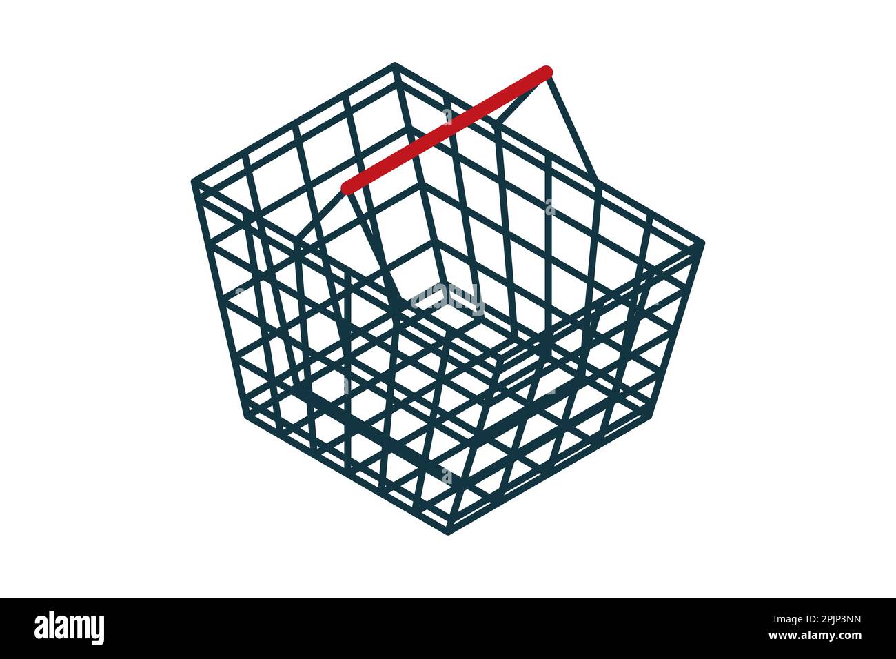 Empty isometric wire supermarket shopping basket. Store basket on white