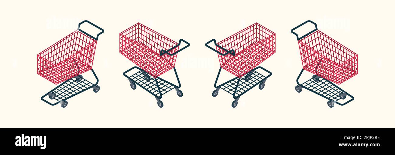 Isometric wire shopping cart. Empty red colored pushcart or shopping cart on isolated background. Isometric trolley cart. Vector illustration Stock Vector