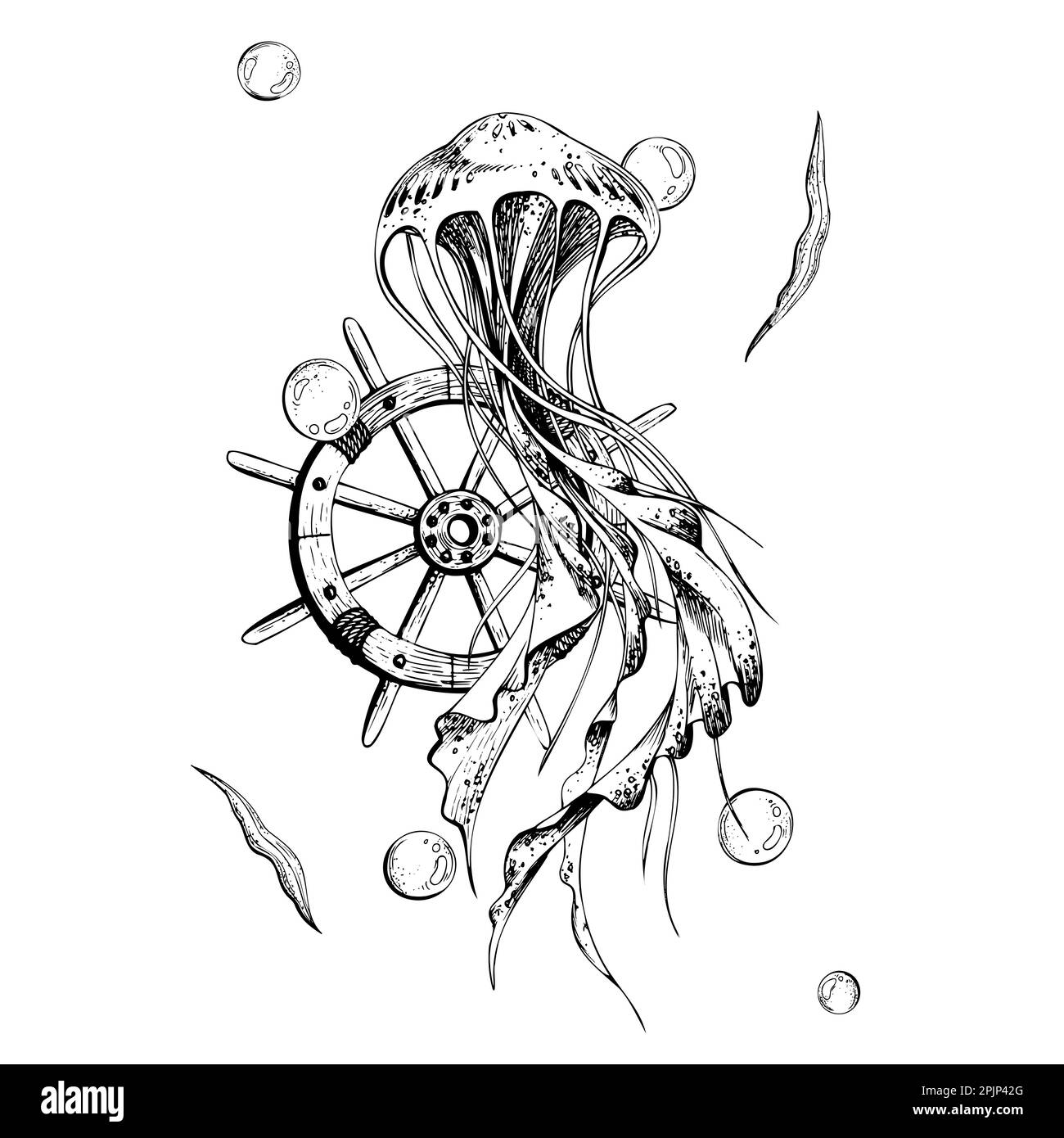 Sea jellyfish with ship's wheel, algae and water bubbles, isolated