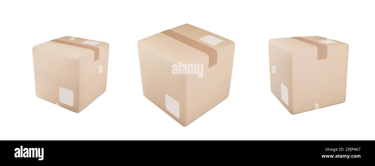 Delivery box set on isolated background. Cardboard or carton realistic delivery boxes with scotch tape and labels. 3d realistic package boxes. Vector Stock Vector