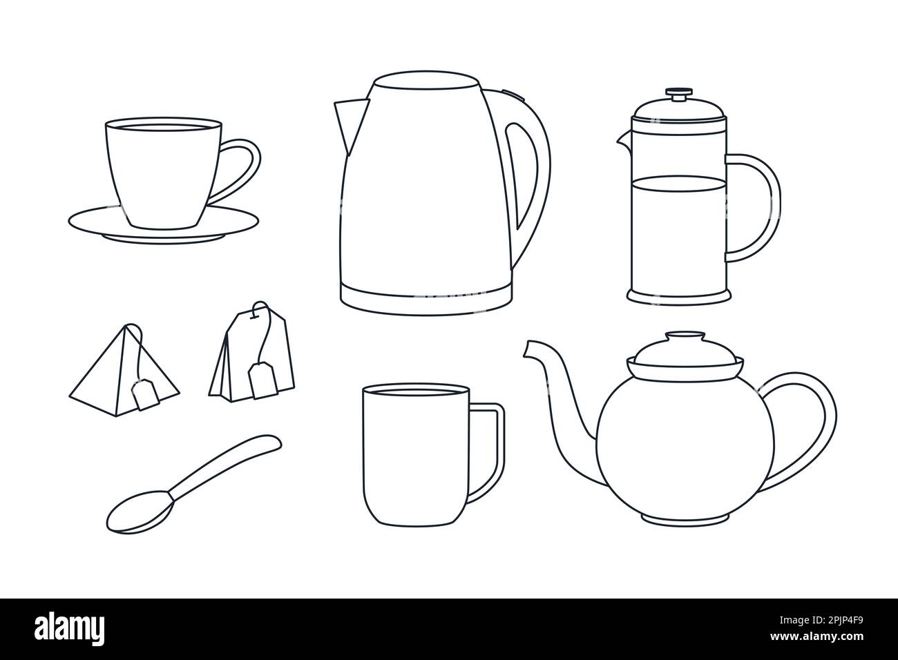 Set of appliances for tea brewing and drinking. Kettle, brewer, teapot, teaspoon and cup. Empty and full french press. Outline vector illustration Stock Vector
