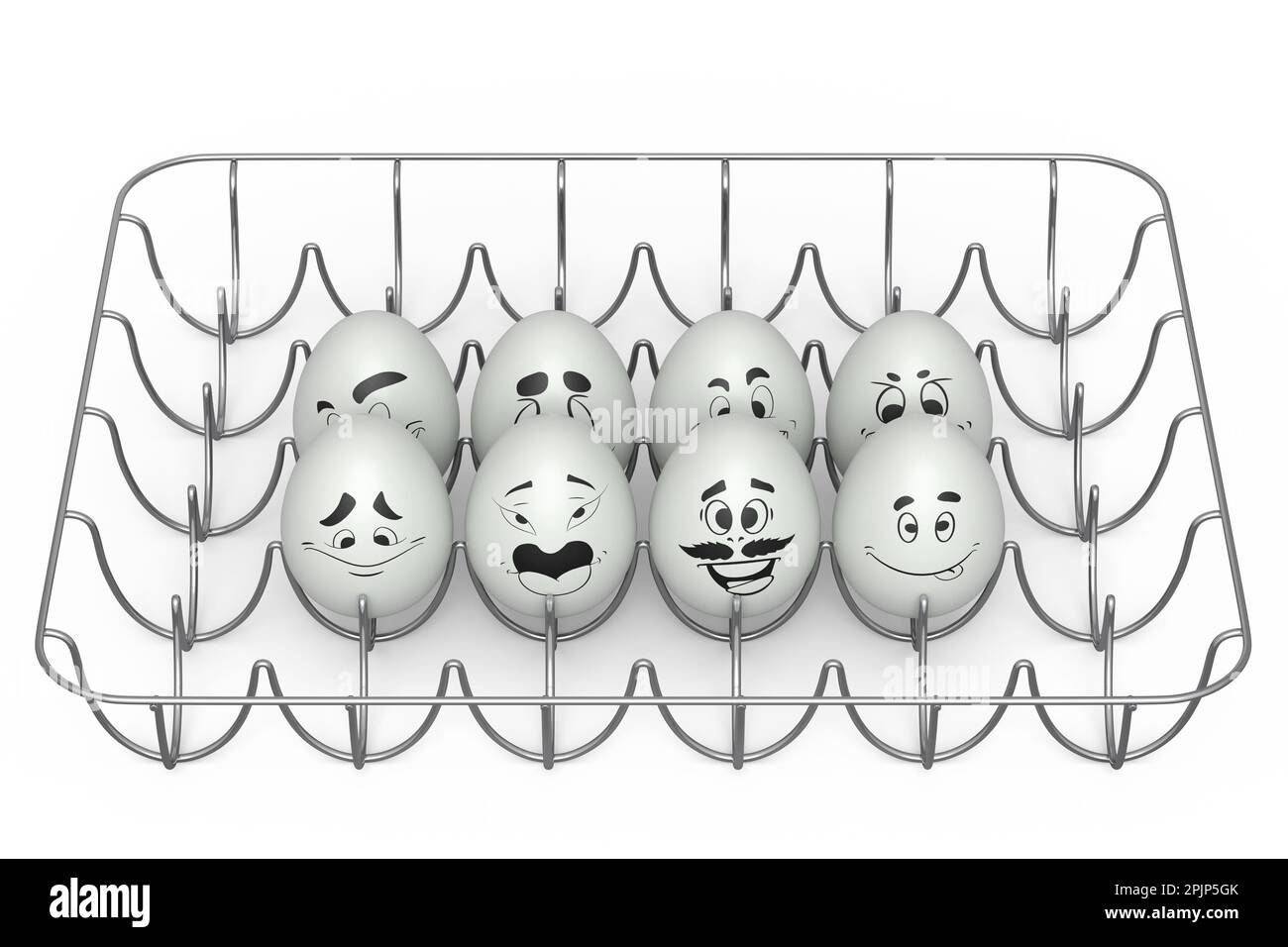 Farm white painted egg with expressions and funny face in metal wire ...