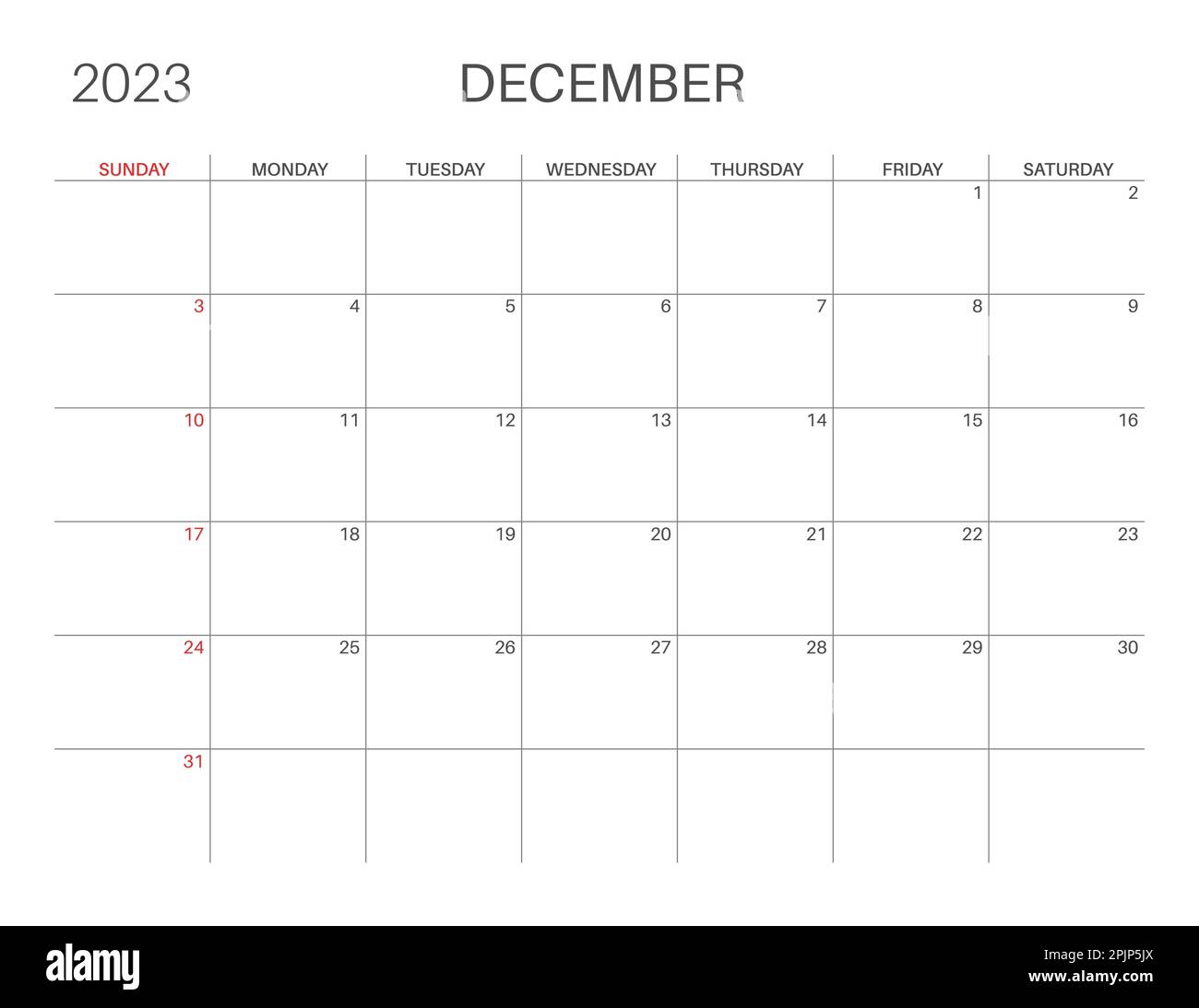 Horizontal monthly calendar. December calendar template. Sunday start