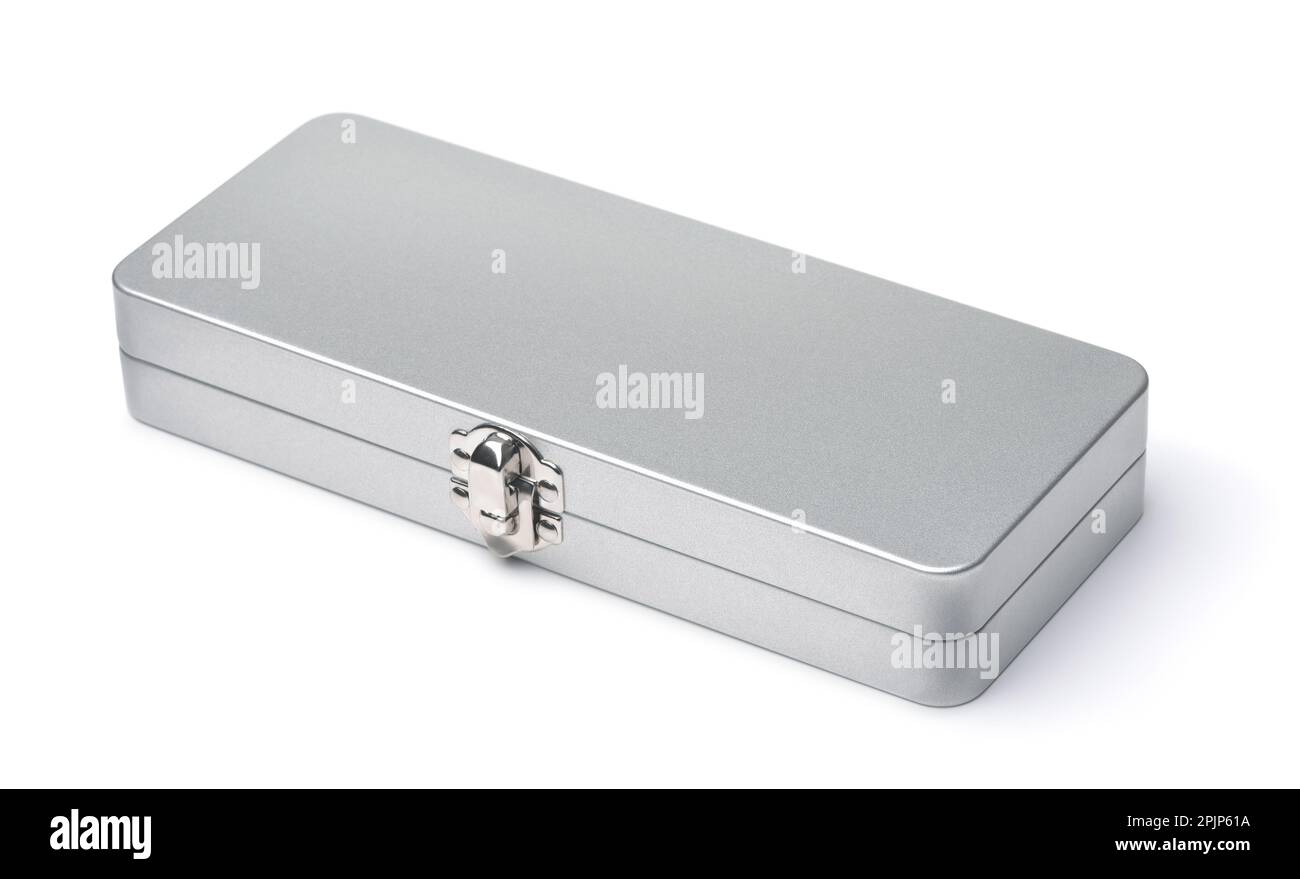 Closed silver metal box isolated on white Stock Photo