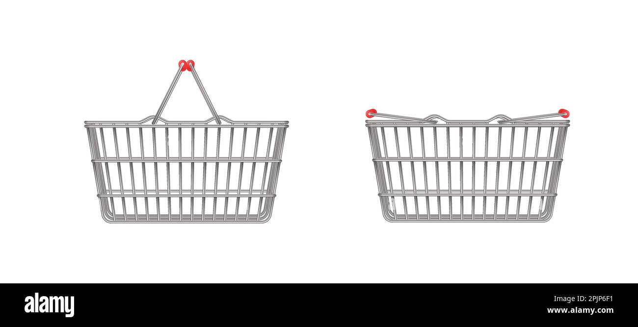 Empty realistic wire supermarket shopping basket. Folding handles and