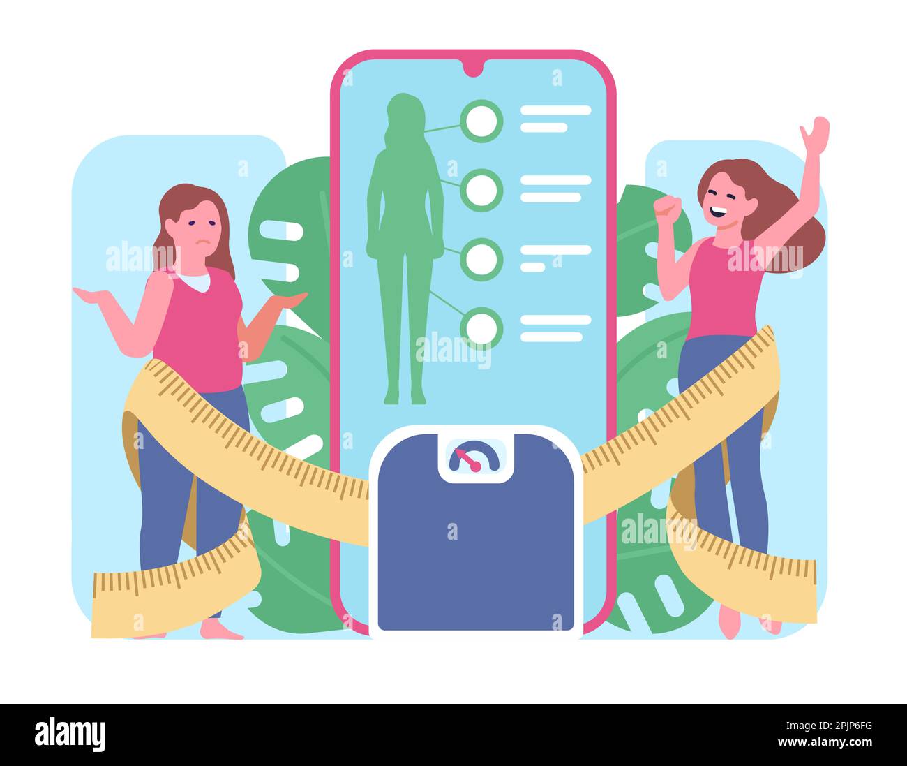 Application in phone for weight loss. Fat girl became slim. Ruler and scales. Happy or sad woman. Device screen. Mobile app. Body slimming. Eating and Stock Vector
