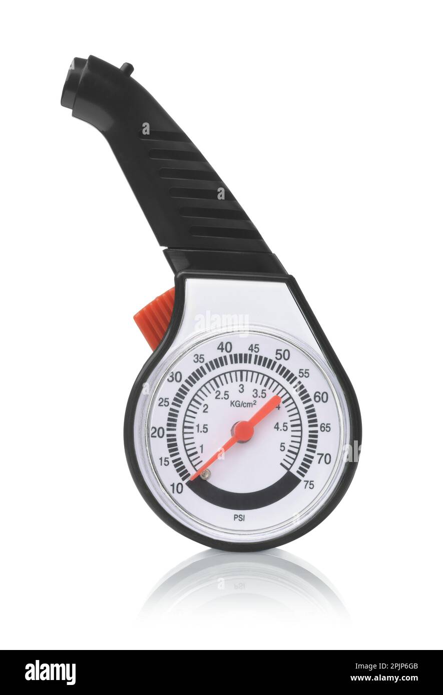 Front view of black plastic tyre pressure gauge isolated on white Stock Photo