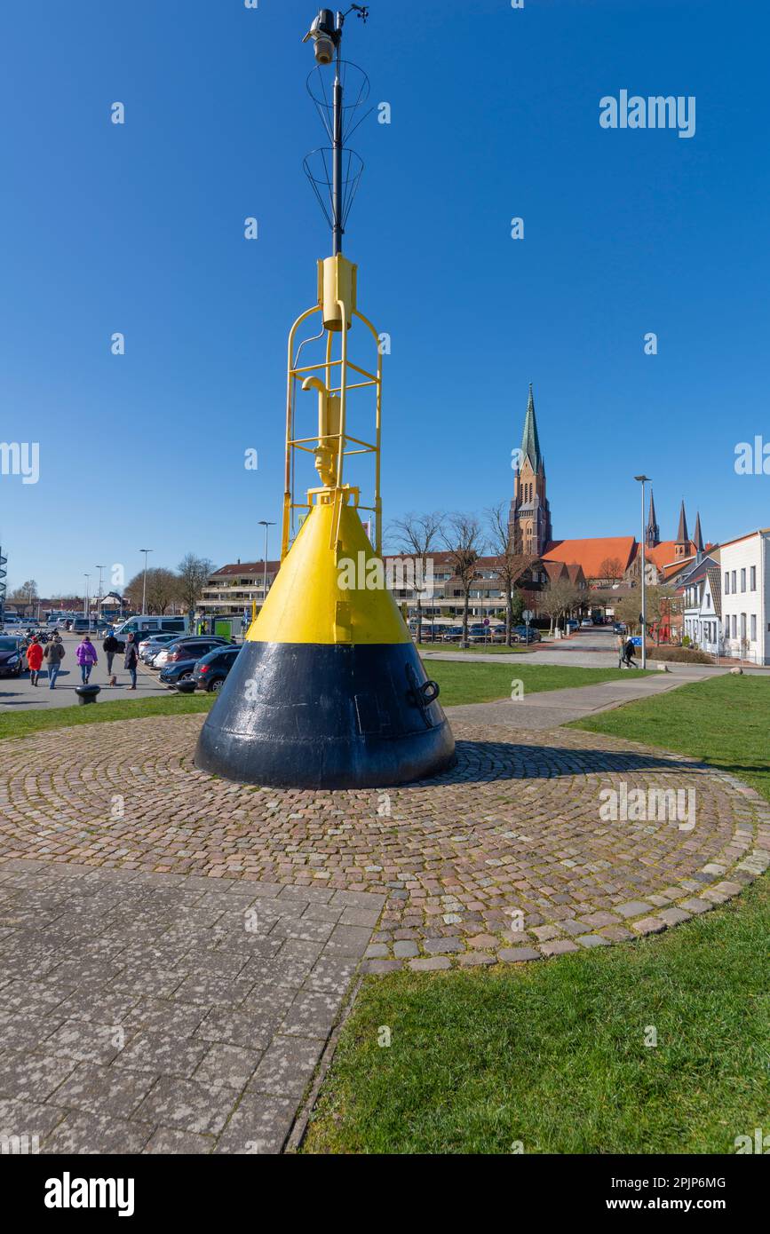 Buoy and cathedral, Schleswig city on the Schlei Fjord, Schleswig-Holstein, Northern Germany, Central Europe Stock Photo