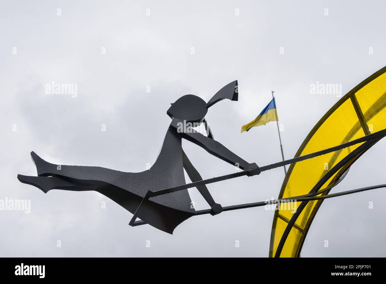 View of the sculpture "Girl under the sun" in Borodyanka. The sculpture