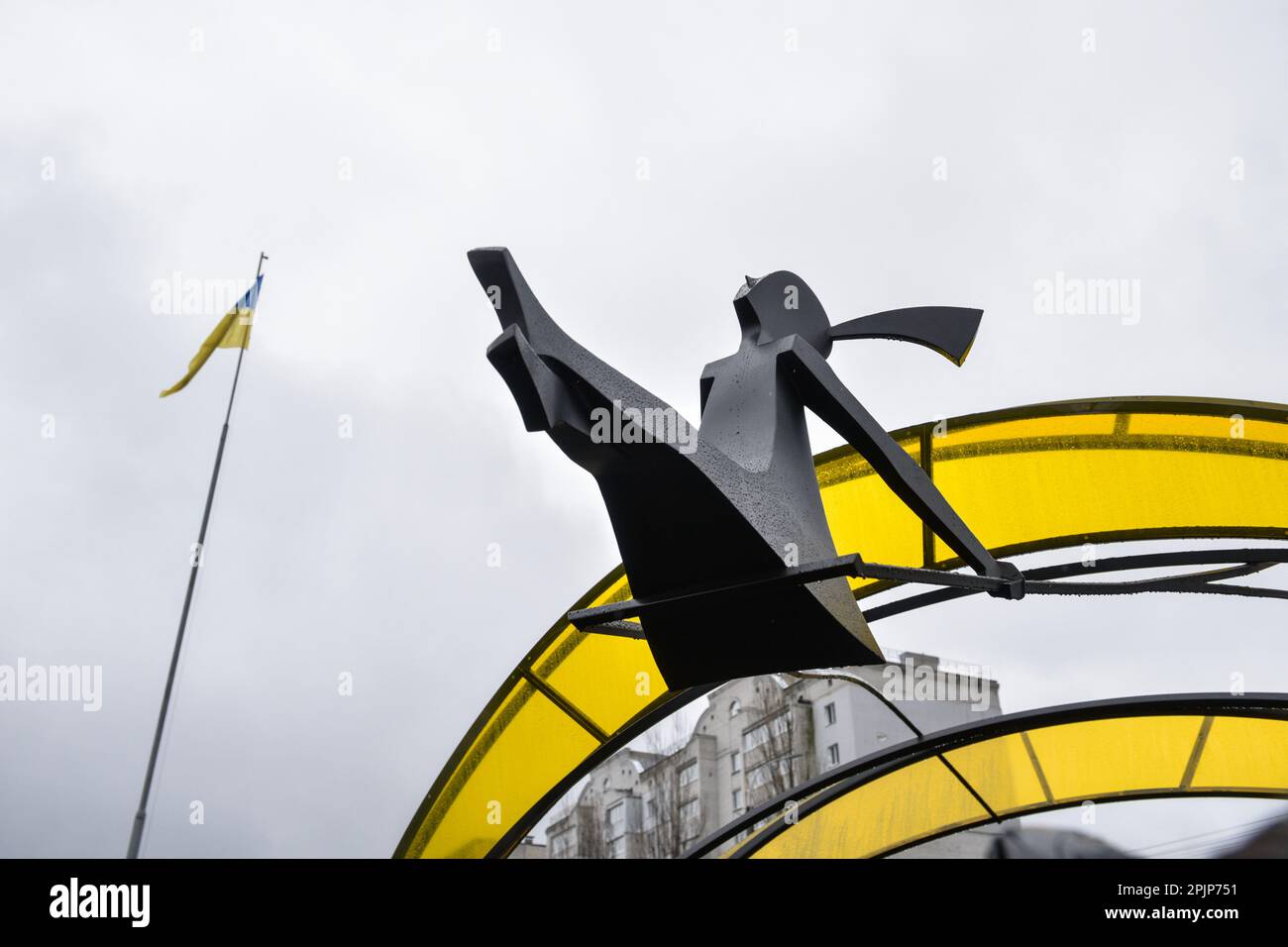 View of the sculpture 'Girl under the sun' in Borodyanka. The sculpture 'Girl under the sun' was opened in Borordyanka in honor of the anniversary of the de-occupation of Kyiv region. The four-meter sculpture represents the victory of life over destruction, and its arches will symbolize the resistance of seven districts of Kyiv region and the capital. This is how the symbolic date was celebrated - a year ago, the Armed Forces of Ukraine completely liberated the Kyiv region from the Russian invaders. 'The sculpture reflects the powerful contrast of life and destruction that accompanied Ukrainia Stock Photo