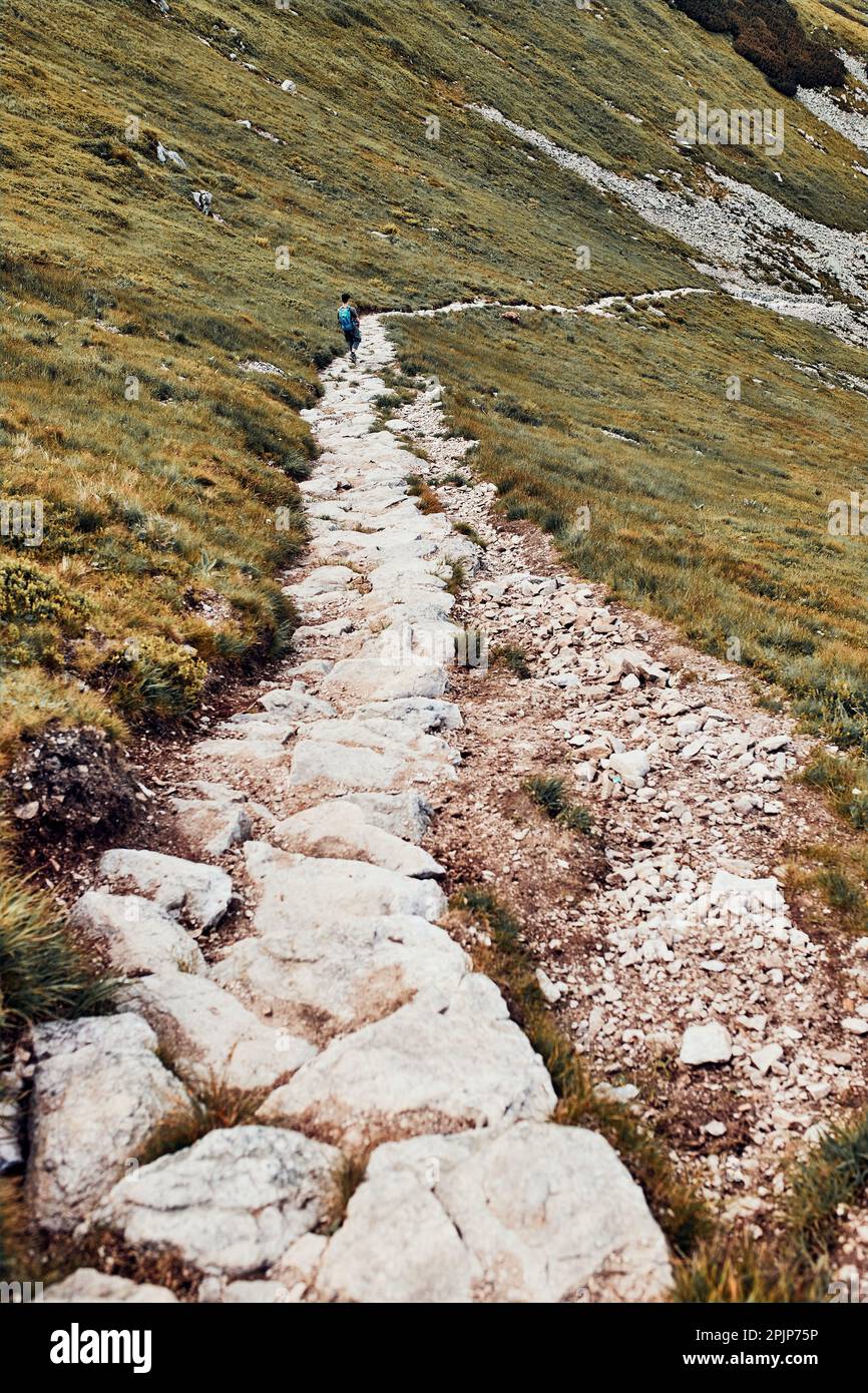 Young man with backpack hiking in a mountains, actively spending summer vacation. Rear view of teenager walking down from top of a hill to valley alon Stock Photo