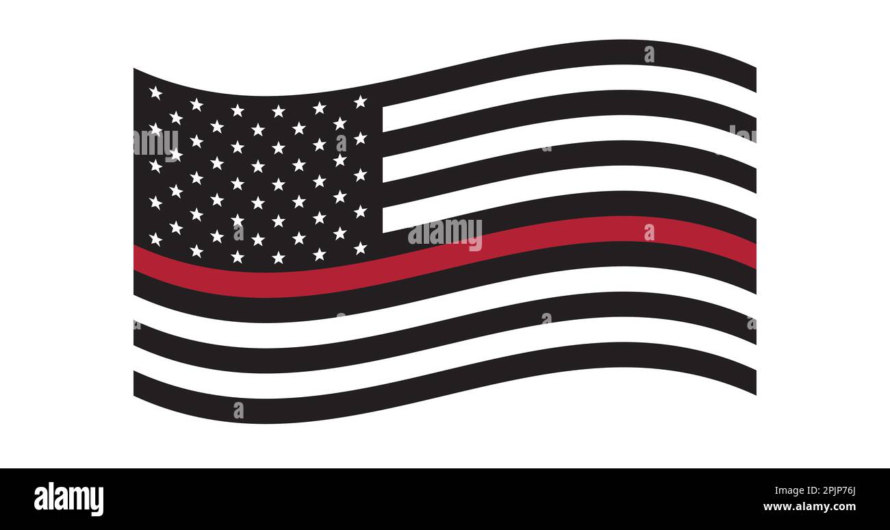 Black and white US Flag with red line. US Firefighters flag. Wave. The
