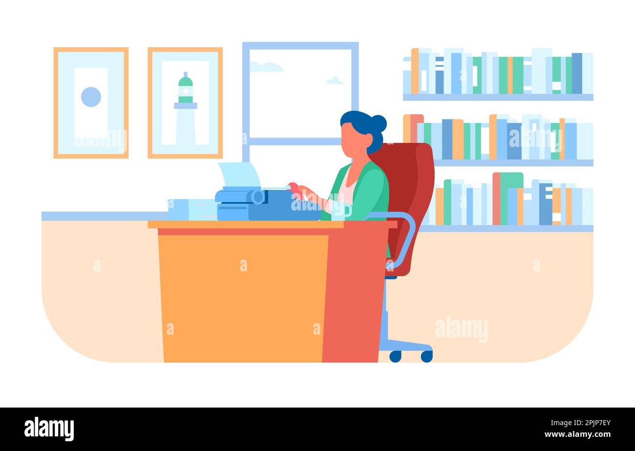 Writer works in her office on typewriter. Woman sitting in an armchair behind wooden desk with stack of papers. Author typing text. Editor and Stock Vector
