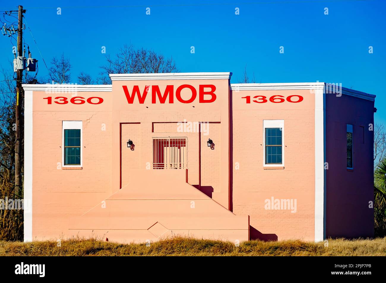 WMOB 1360 AM radio station is pictured, Jan. 7, 2023, in Spanish Fort, Alabama. The station was founded in 1961 as WLIQ. Stock Photo