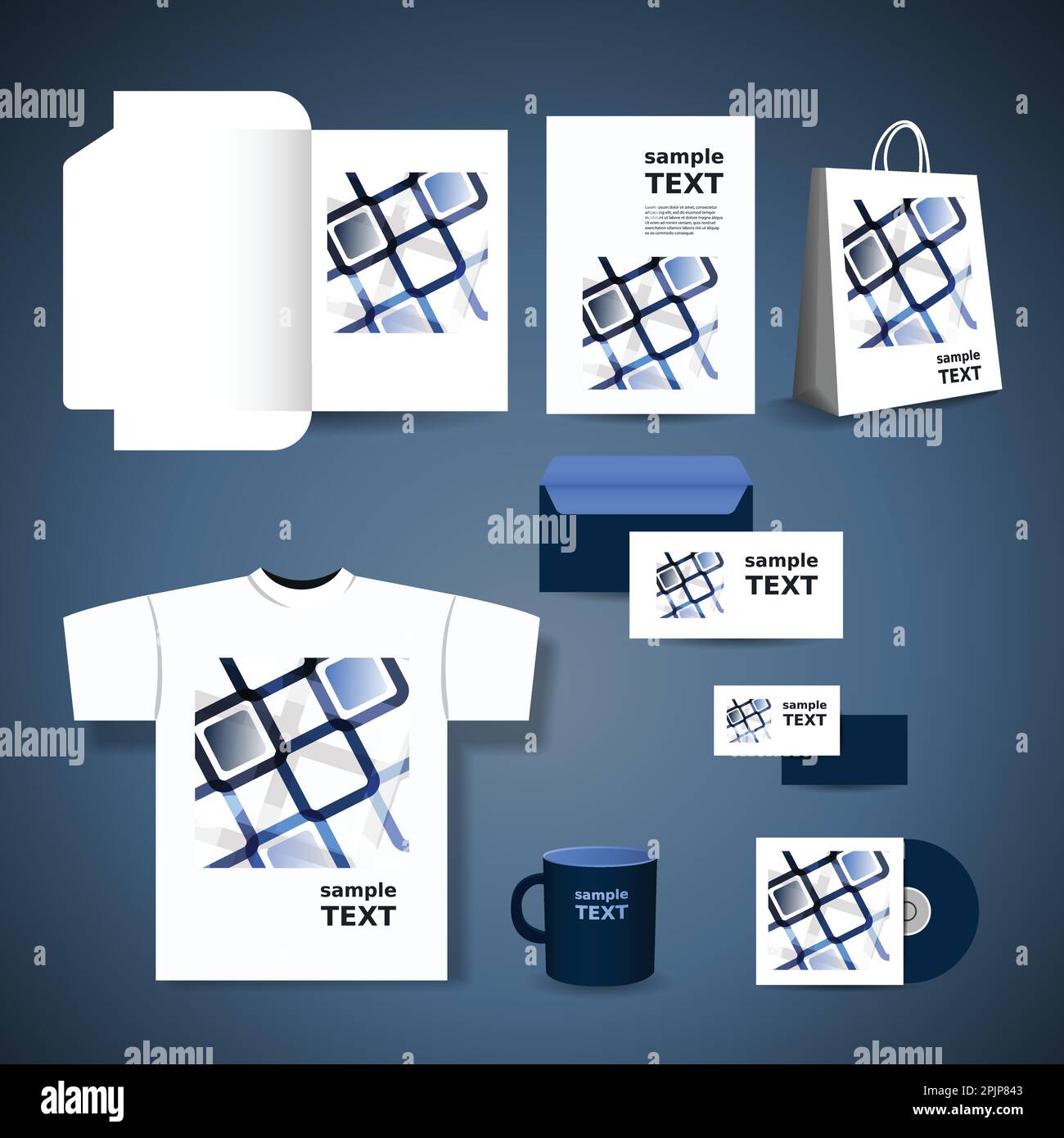 Stationery Template Design - Business Set with Blue Squares Pattern Stock Vector