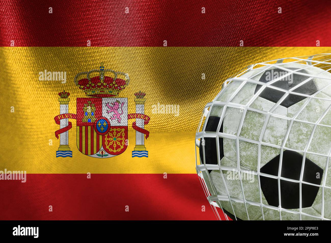 UEFA EURO 2024 Soccer, Spain National flag with a soccer ball in net