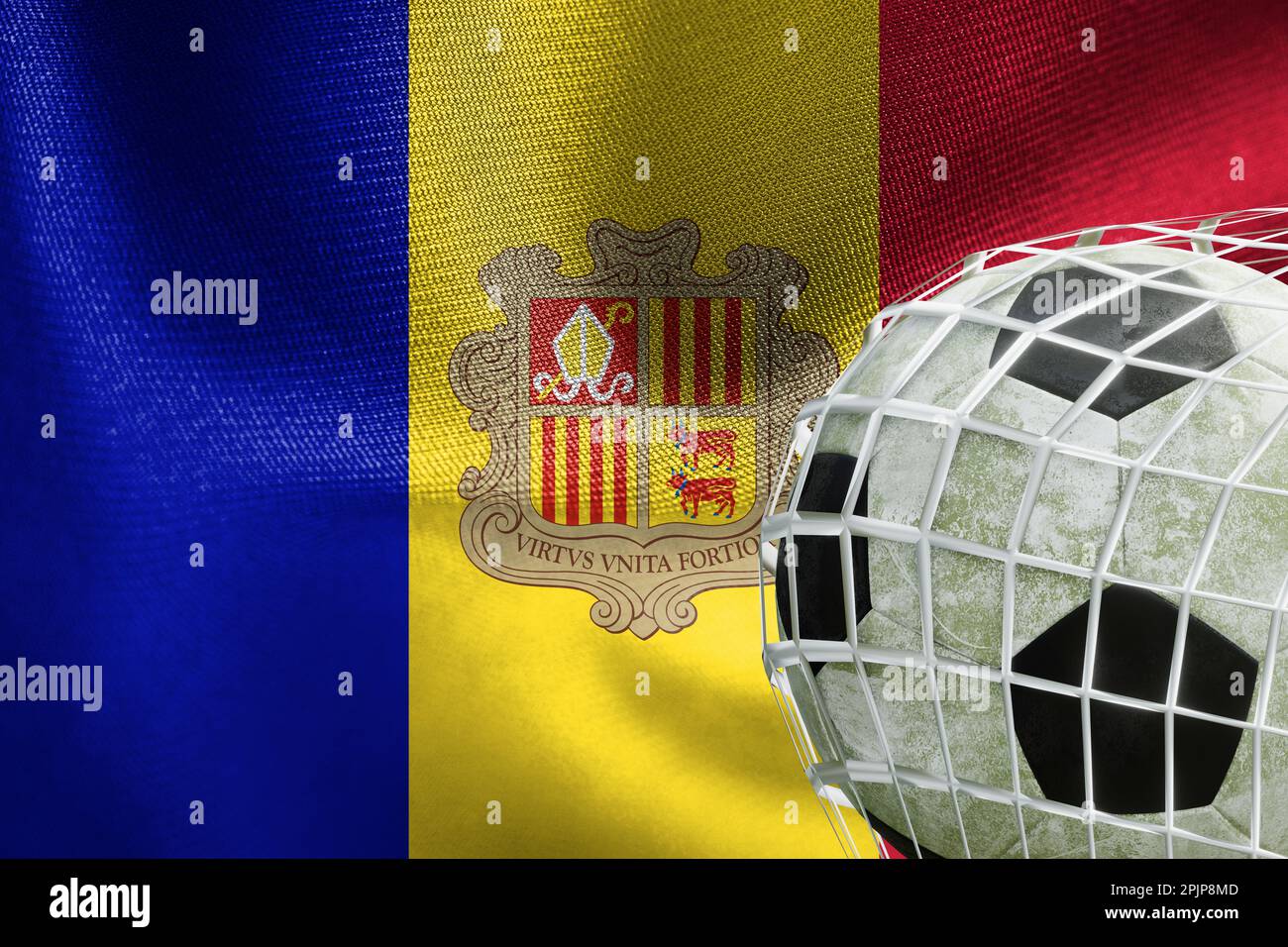 UEFA EURO 2024 Soccer, Andorra National flag with a soccer ball in net
