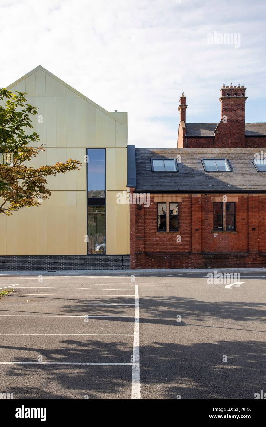 Rear view of the new extension, showing the relationship between the old and new structures. Whitby Street Studios, Hartlepool, United Kingdom. Archit Stock Photo