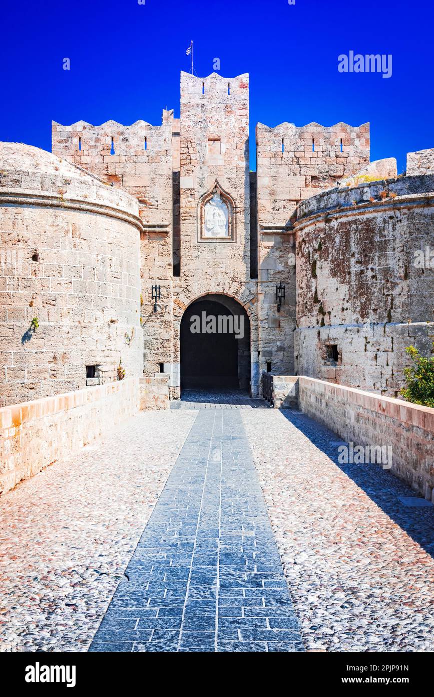 Rhodes, Greece - D'Amboise's Gate, the Knights Hospitaller medieval city in Europe. Stock Photo