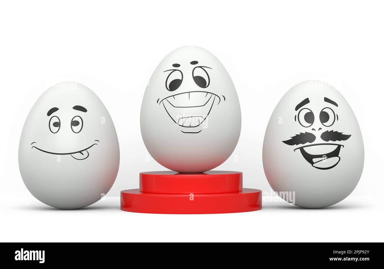 Farm white chicken eggs with expressions and funny face on podium ...