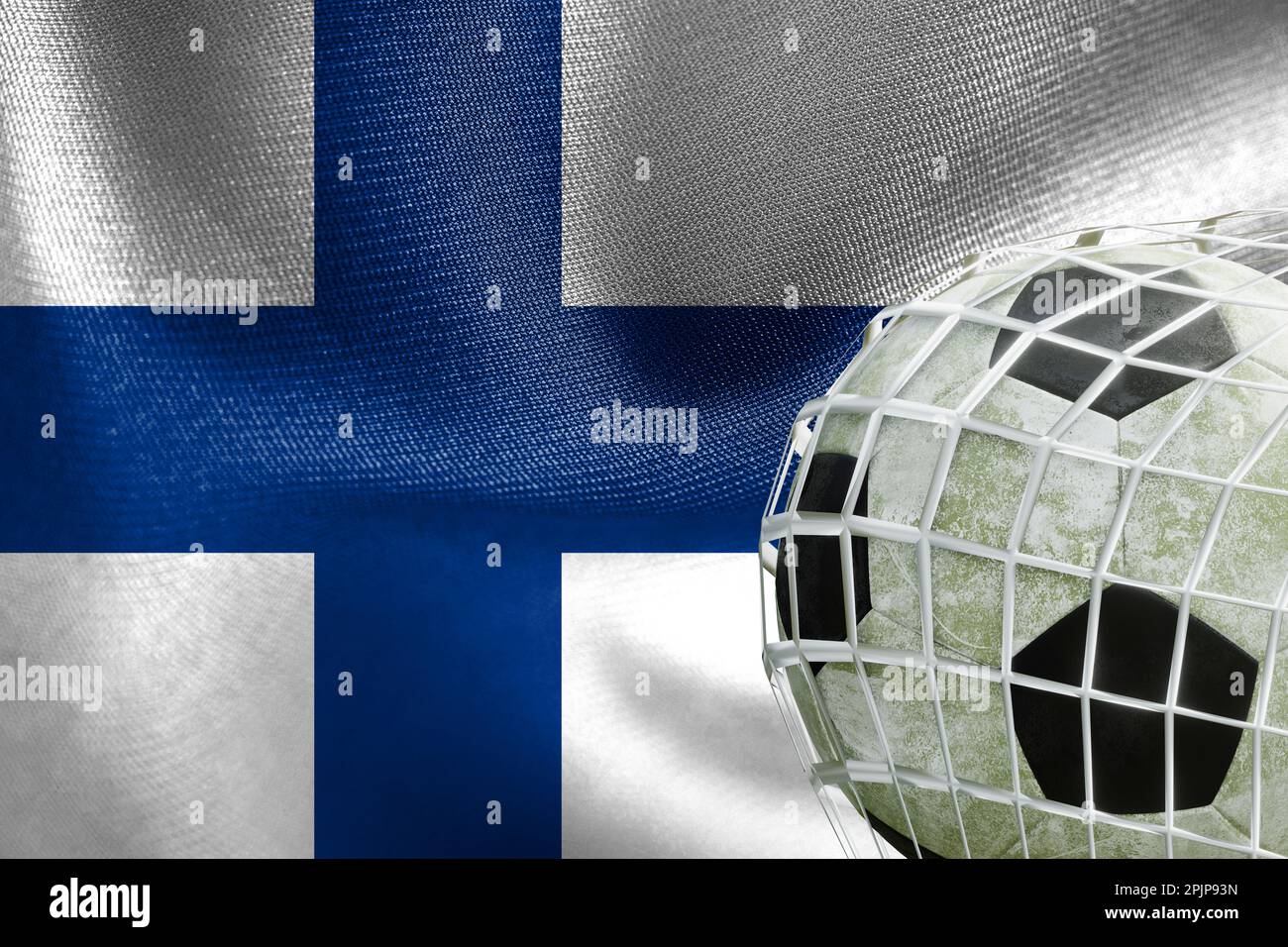 UEFA EURO 2024 Soccer, Finland National flag with a soccer ball in net