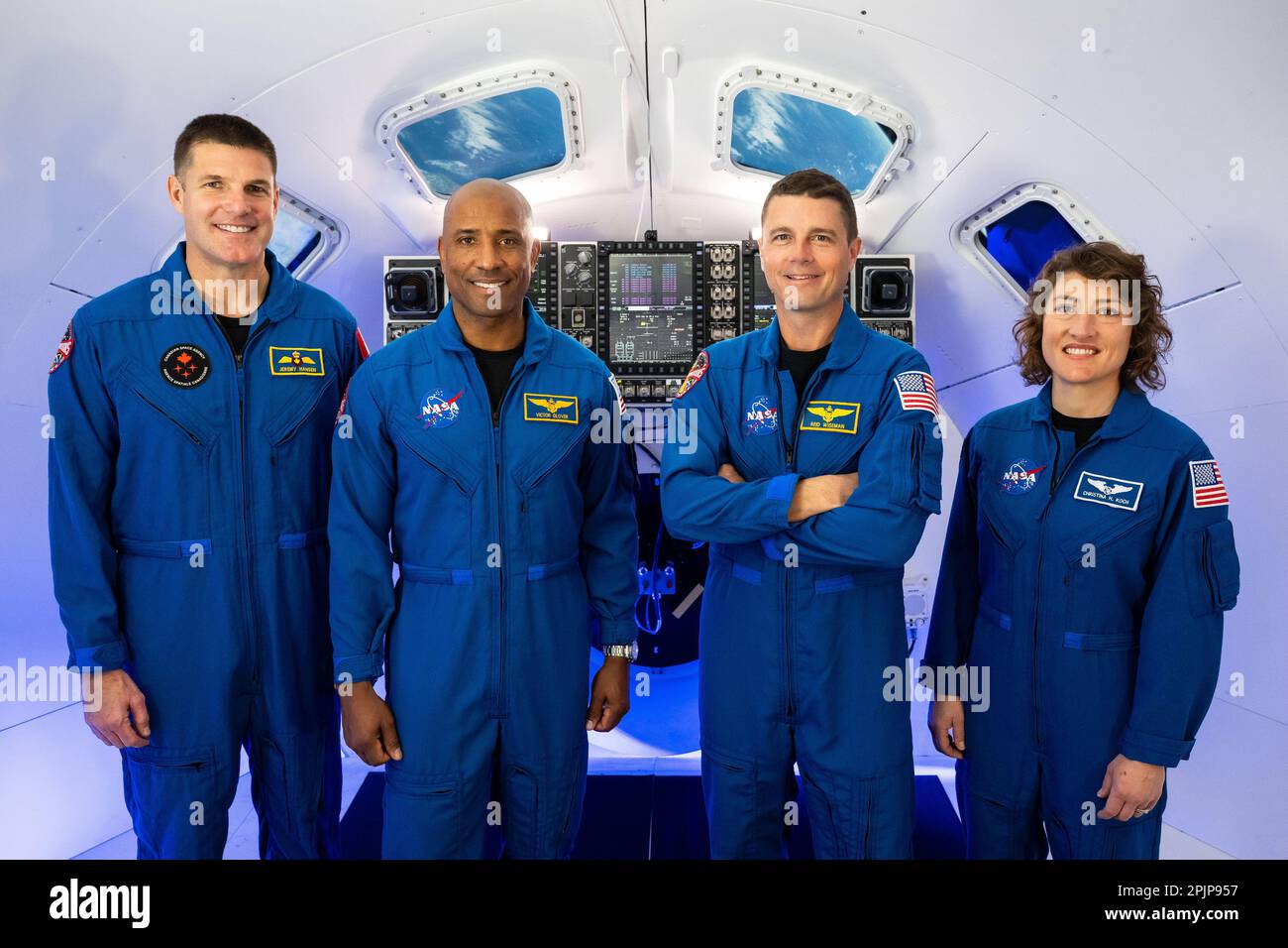 The crew of Artemis II (left to right): Canadian Space Agency astronaut Jeremy Hansen, NASA astronauts Victor Glover, Reid Wiseman, and Christina Hammock Koch, pose with the Orion simulator. NASA and the Canadian Space Agency (CSA) announced the four astronauts who will venture around the Moon on Artemis II, the first crewed mission on NASA's path to establishing a long-term presence on the Moon, during an event on Monday, April 3, 2023, at Ellington Field near NASA's Johnson Space Center in Houston. NASA Photo by James Blair/UPI Stock Photo