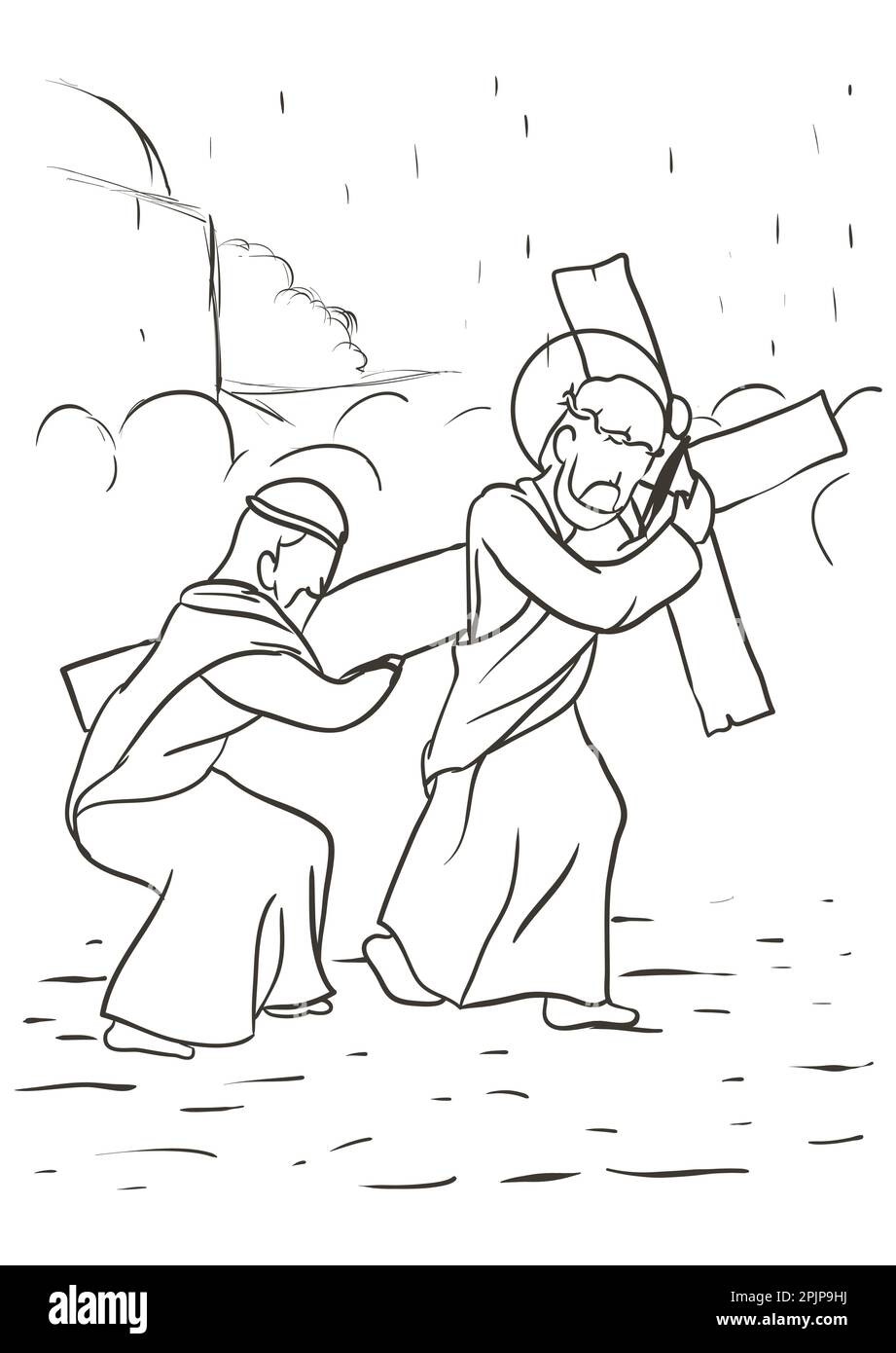 Drawing of the Via Crucis, representing station five: Simon of Cyrene help Jesus to carry his heavy cross. Stock Vector