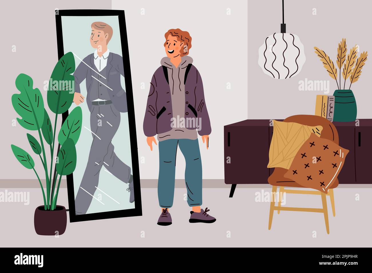 Ideal mirror reflection. Young guy dreams of successful