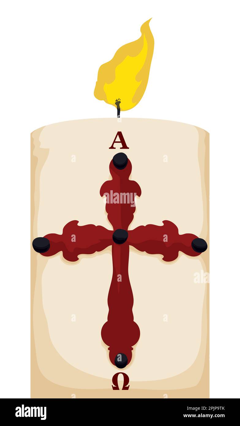 White religious Paschal candle with lighted flame, decorated with cross