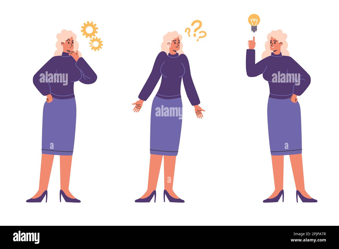 Woman think. Girl in thought process. Different states and postures. Brainstorming or problem solving. Fresh ideas searching. Brain work. Analysis or Stock Vector