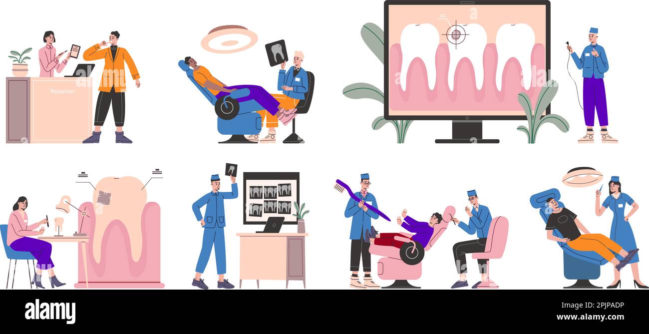 Dentist with patient. Chair in doctors office. People treat teeth