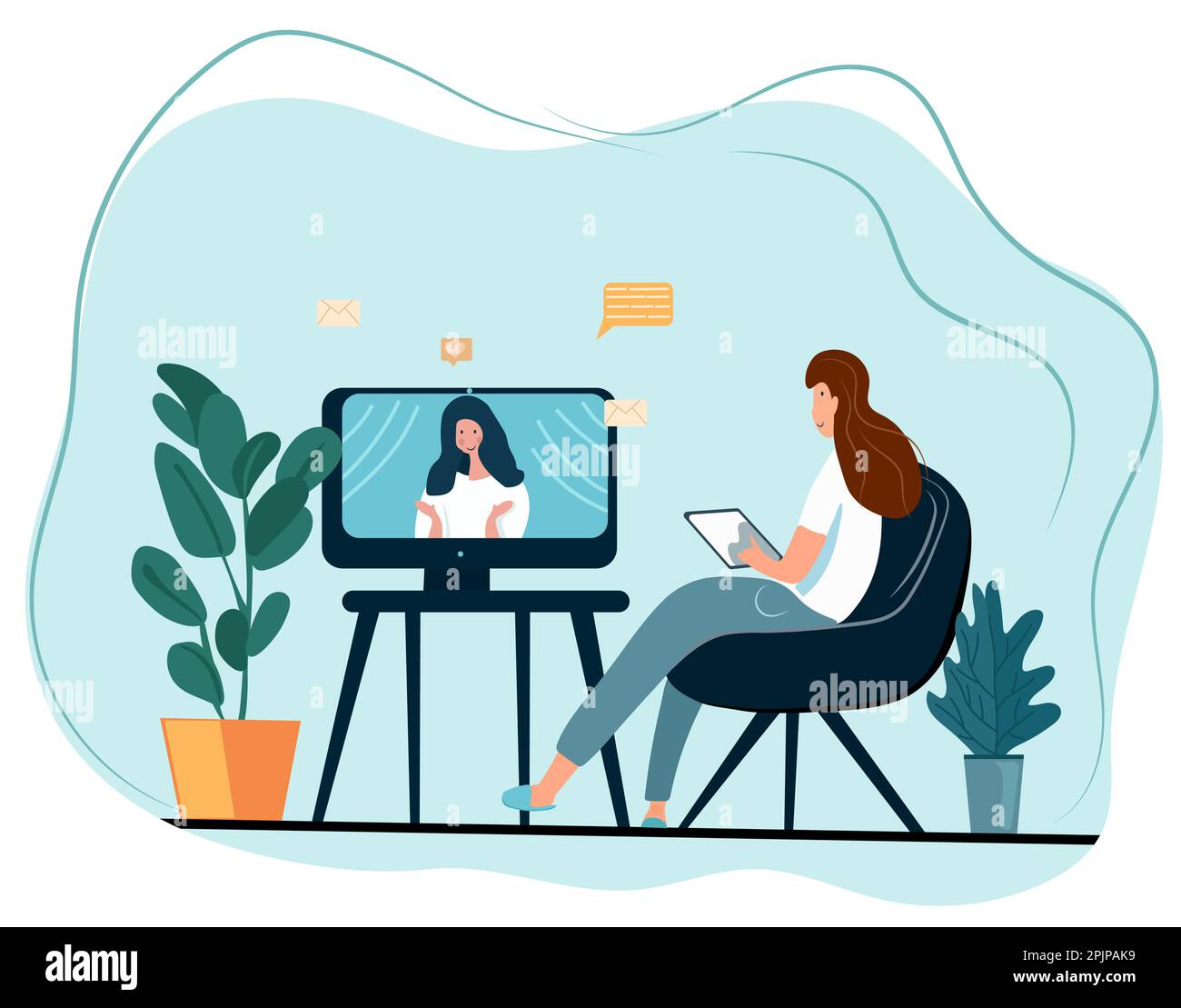 Embracing the work-from-home lifestyle. Employees collaborate via video calls, discussing projects and attending online briefings with coworkers in a webcam-based group conference. Flat style vector Stock Vector