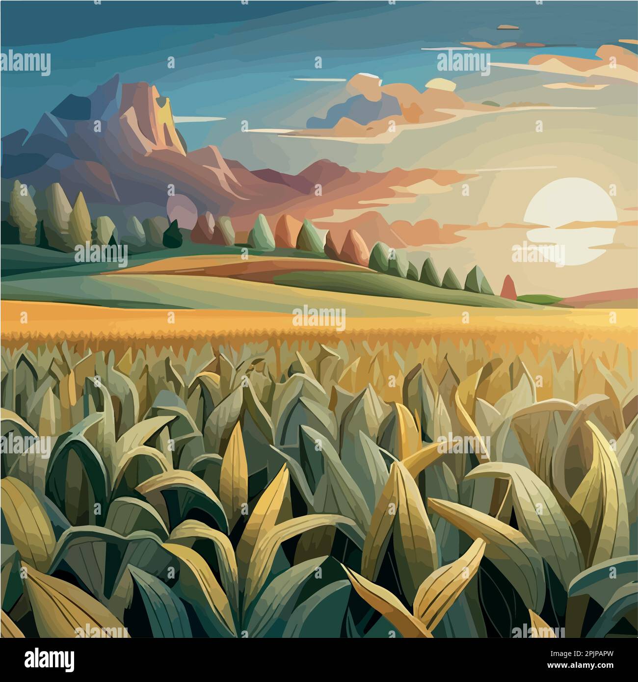 Cornfield landscape Vector illustration cartoon landscape with tall
