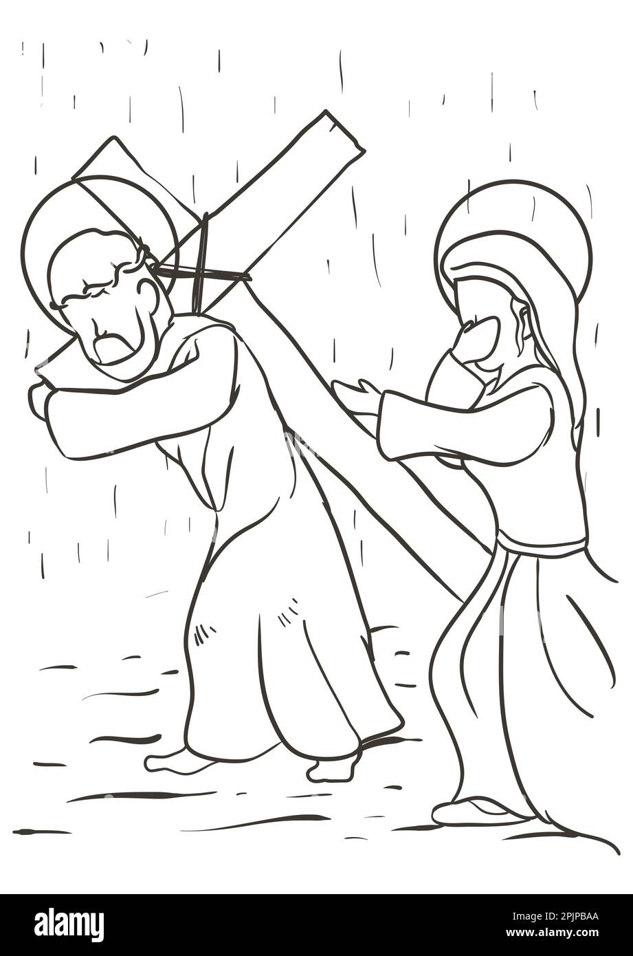 Drawing of the Via Crucis, representing station four: Jesus meets his mother and she calms him. Stock Vector