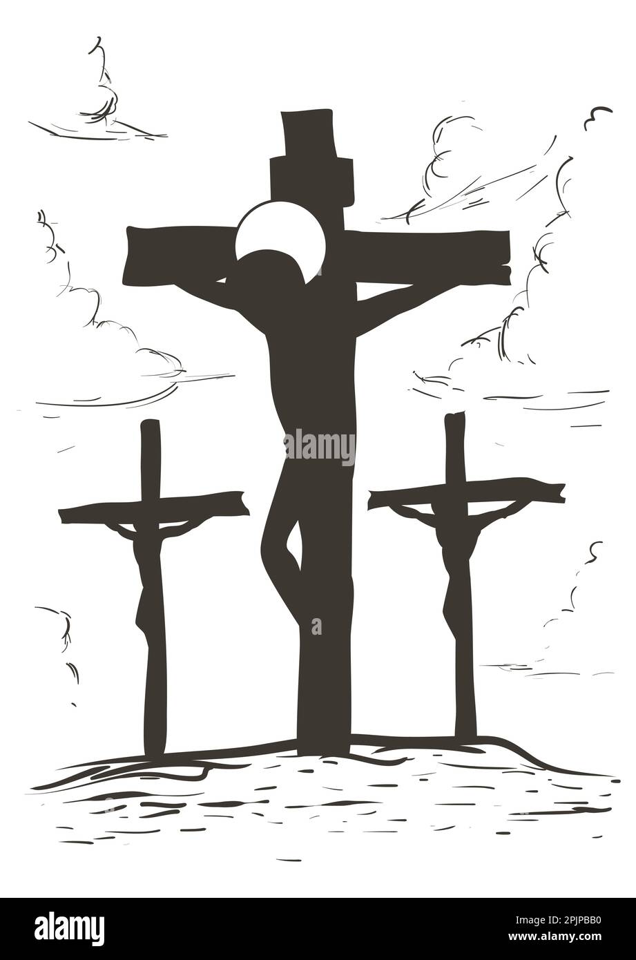 Drawing of the Via Crucis, representing station twelve: Jesus dies on the cross between two convicted thieves. Stock Vector