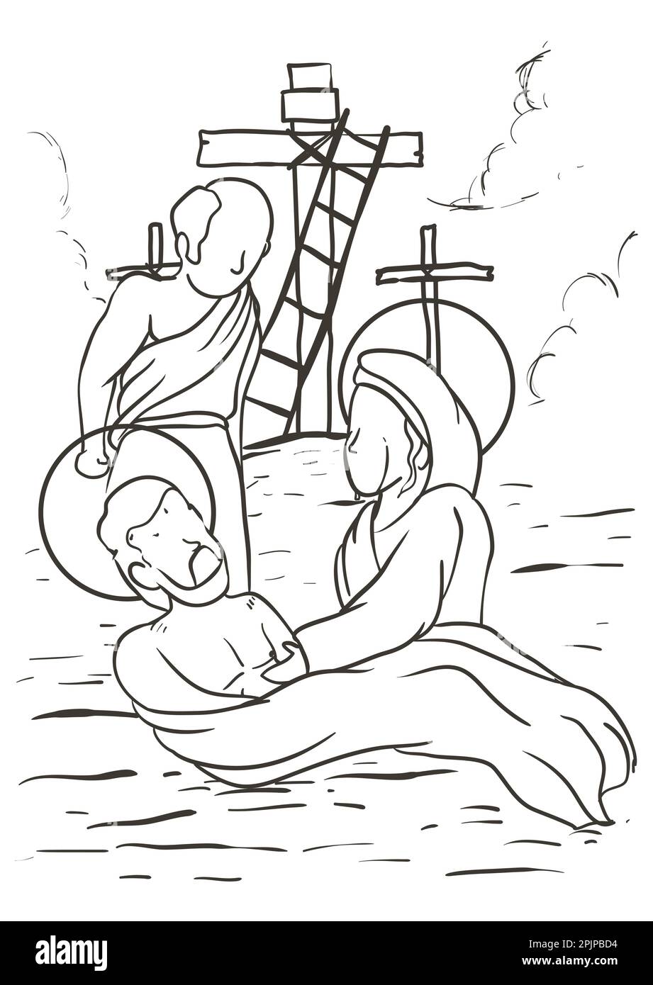 Drawing of the Via Crucis, representing station thirteen: Jesus is taken down from the cross by Joseph of Arimathea and his mother weeps for his death Stock Vector
