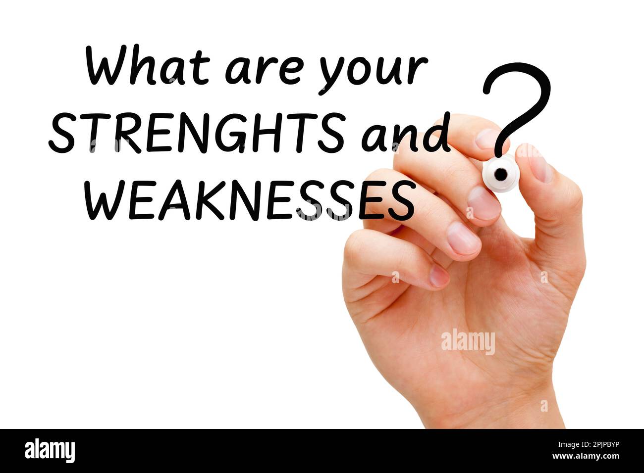 Hand writing the question What are your Strenghts and Weaknesses? SWOT analysis internal factors concept. Stock Photo
