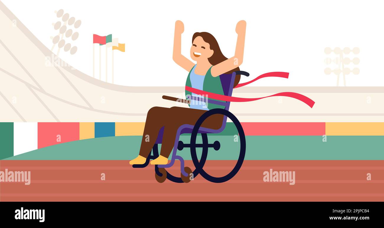 Young woman in wheelchair crosses red finish line. Race for handicapped. Paralympic competition. Tournament winner. Sport stadium. Female champion Stock Vector