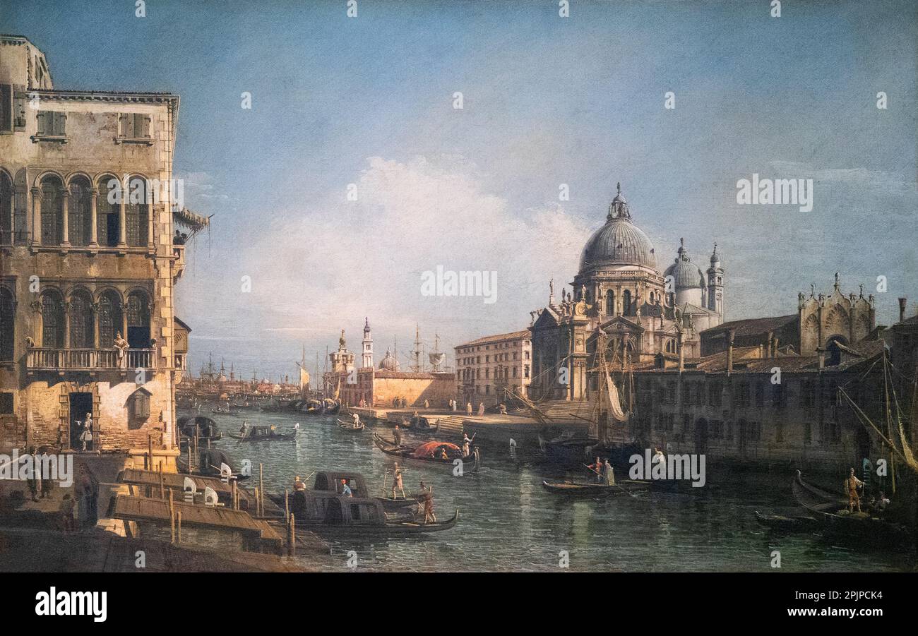 Bernardo Bellotto painting, View at the Entrance to the Grand Canal Venice 1741, signed as his uncle, Canaletto. Italian painter, 18th century, 1700s Stock Photo