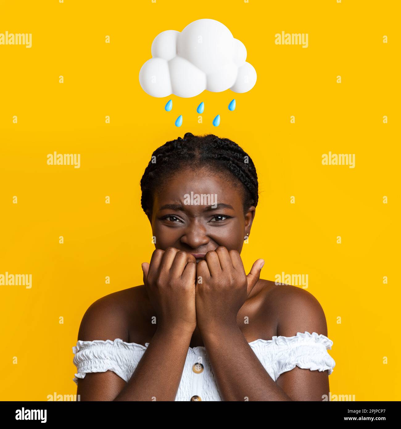 Scared sad young african american woman with abstract cloud and rain