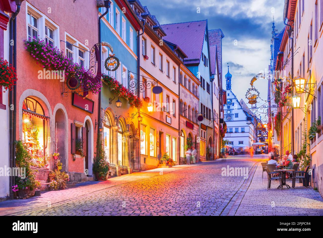 Rothenburg ob der Tauber, Germany. Schimedgasse street and Marktplatz, historical downtown. Charming city on Romantic Road, scenic Bavaria travel dest Stock Photo