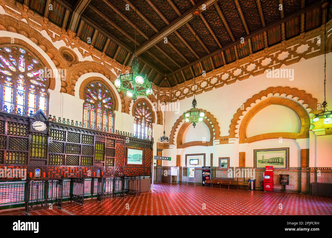 Toledo, Spain. Toledo railway station is a historic transportation hub located in the heart of old city, built in Neo-Mudejar style. Stock Photo