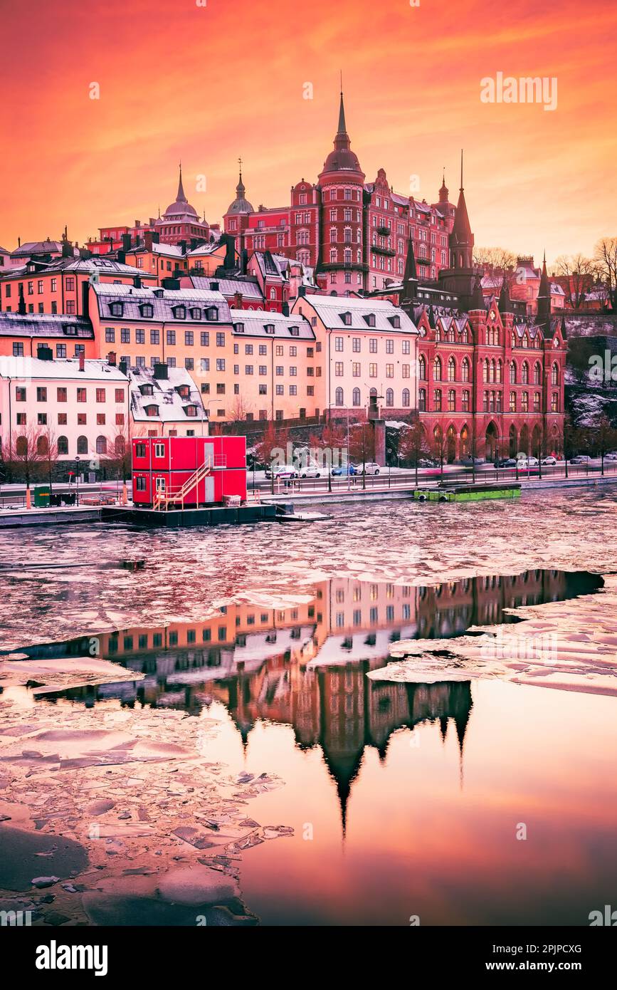 Stockholm, Sweden. Mariaberget overlooks Maleren frozen lake in during