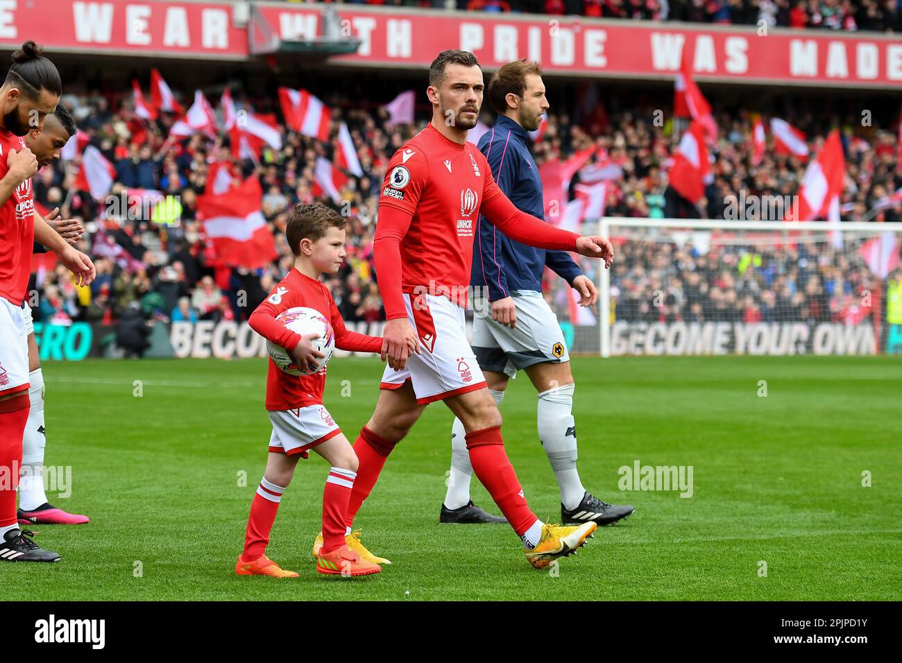 Harry Toffolo of Nottingham Forest with his son as a mascot during the Premier League match between Nottingham Forest and Wolverhampton Wanderers at the City Ground, Nottingham on Saturday 1st April 2023. (Photo: Jon Hobley | MI News) Credit: MI News & Sport /Alamy Live News Stock Photo