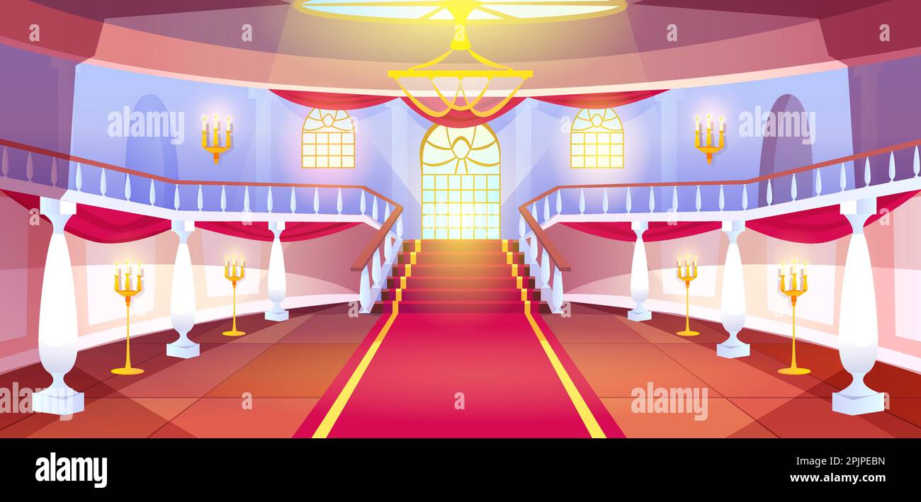 Cartoon empty hall interior with columns, stairs, arch windows and golden candle lamps in medieval royal castle. Hallway in luxury palace with balustrade, staircase and red carpet on floor. Stock Vector