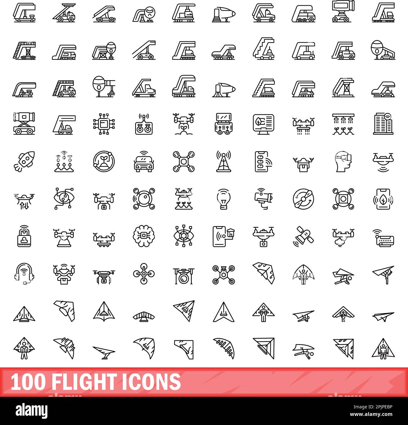 100 flight icons set. Outline illustration of 100 flight icons vector set isolated on white background Stock Vector